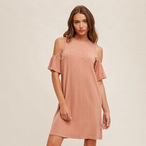HEM & THREAD Blush Pink Pearl Cold Shoulder Dress Ruffle Sleeve Embellished
